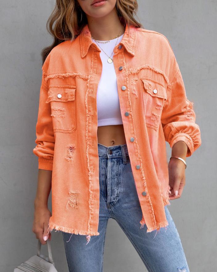 Women’s Oversized Frayed Denim Jacket – Lightweight Button-Down Ripped Distressed Jean Shacket