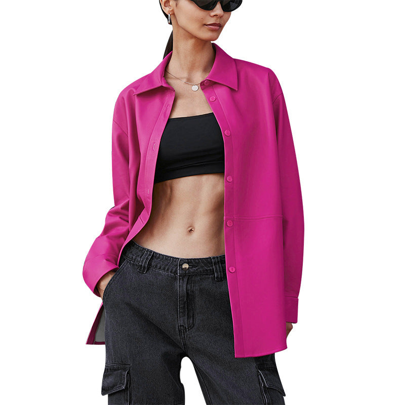 Women’s PU Imitation Leather Coat – Slim Fit Buttoned Medium-Length Outerwear