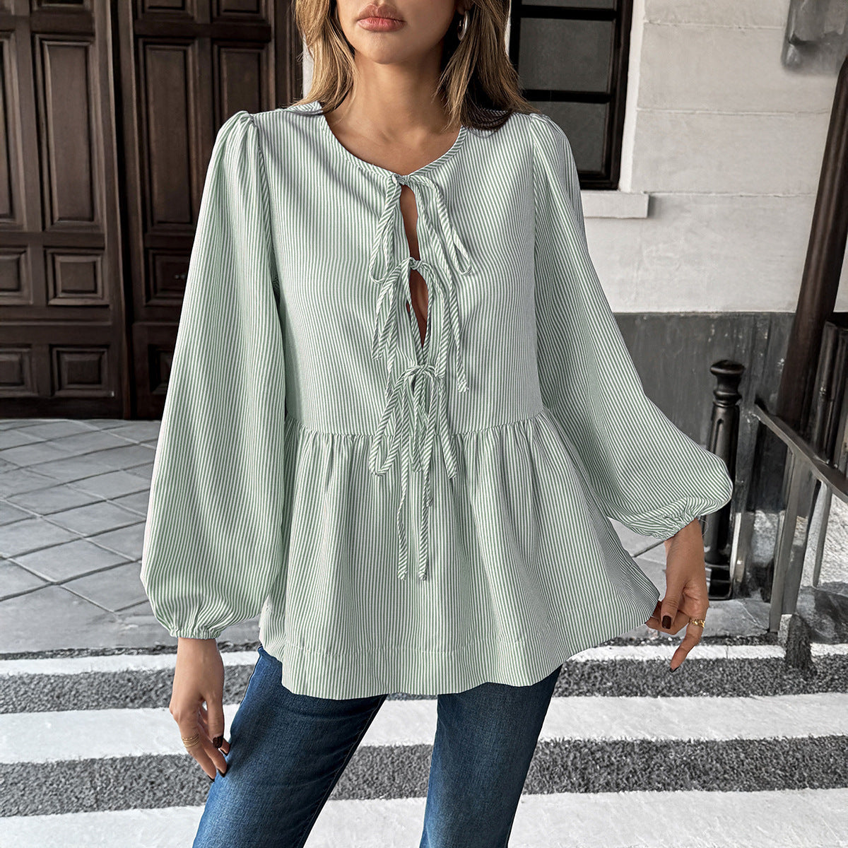Elegant Striped Long Sleeve Tied T-shirt – Women's Lace-Up Lantern Sleeve Blouse