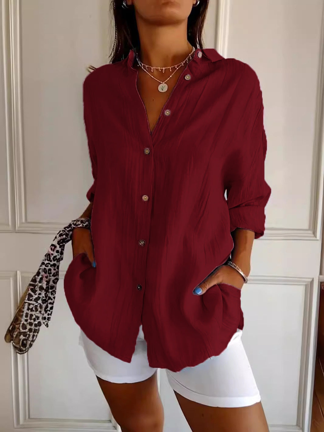 Lapel Long Sleeve Single-Breasted Pleated Shirt – Women's Casual Top