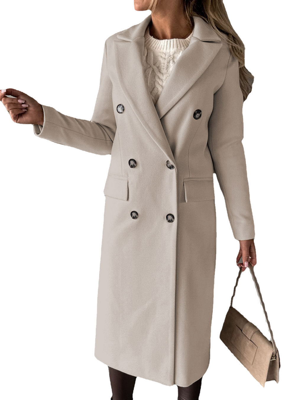 Long Sleeve Lapel Coat – Women’s Solid Double-Breasted Slim Winter Jacket