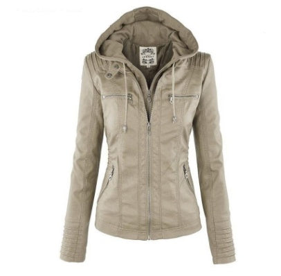 Women’s Detachable Hooded PU Leather Jacket – Casual Solid Color Zipper Coat, Autumn & Winter
