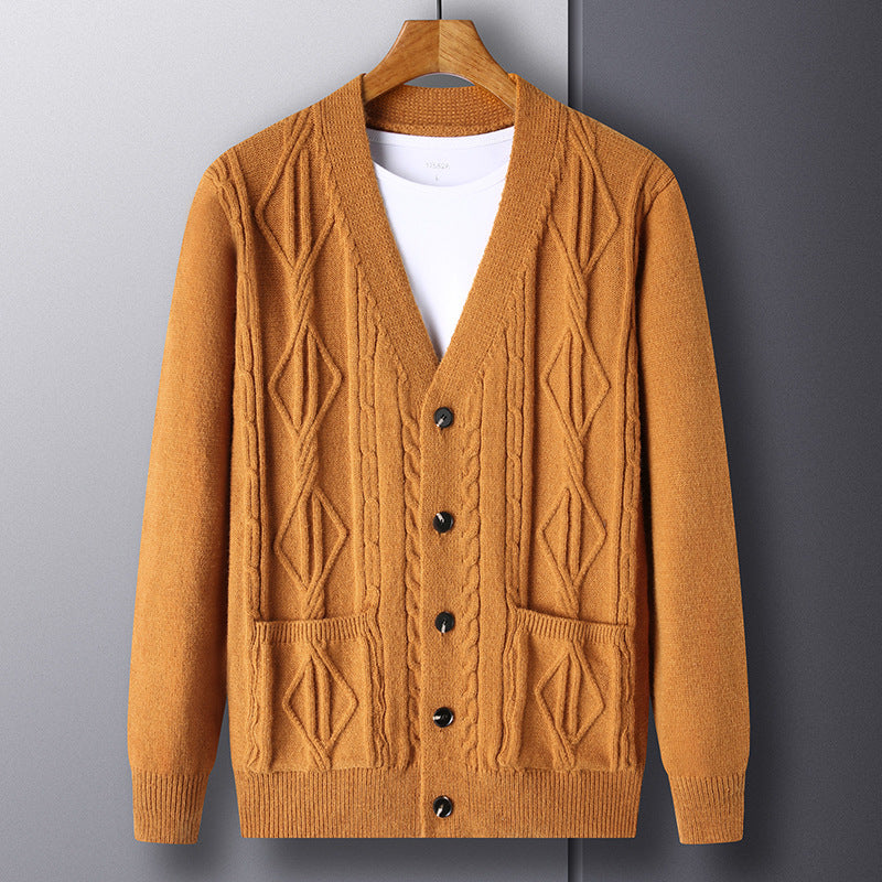 Men’s Knitted Rhombus Cardigan – Loose Casual Sweater Coat for Autumn