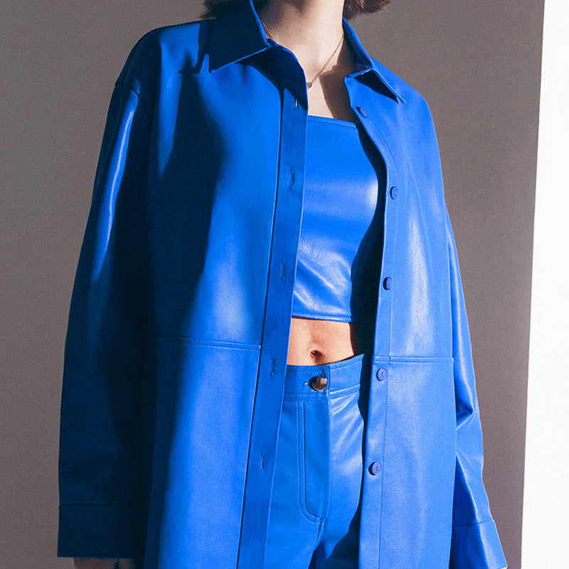 Women’s PU Imitation Leather Coat – Slim Fit Buttoned Medium-Length Outerwear