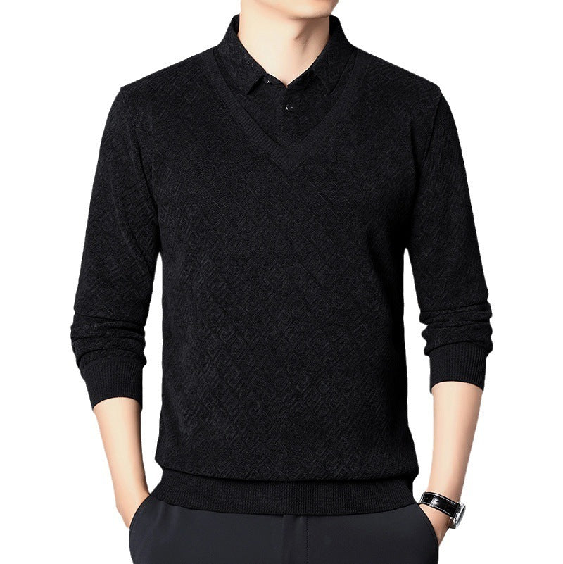 Men’s Fleece-Lined Fake Two-Piece Knitted Pullover – Winter Sweater for Middle-Aged & Elderly