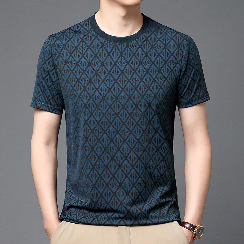 Men's Round Neck Jacquard Short Sleeve Cool Antibacterial Fashion Casual T-shirt