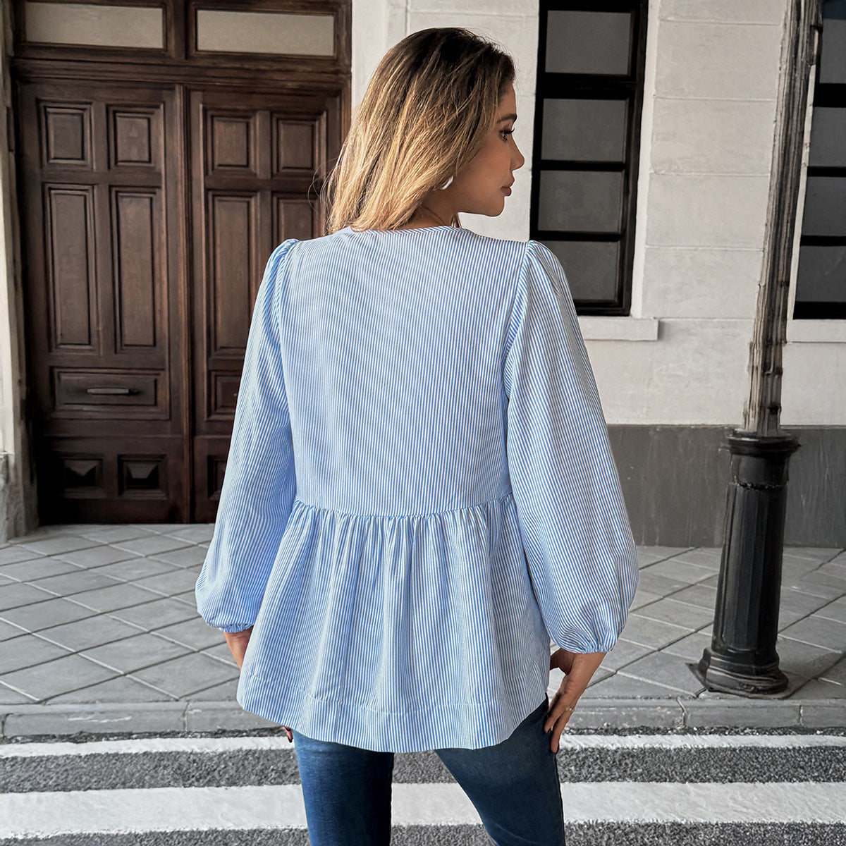 Elegant Striped Long Sleeve Tied T-shirt – Women's Lace-Up Lantern Sleeve Blouse