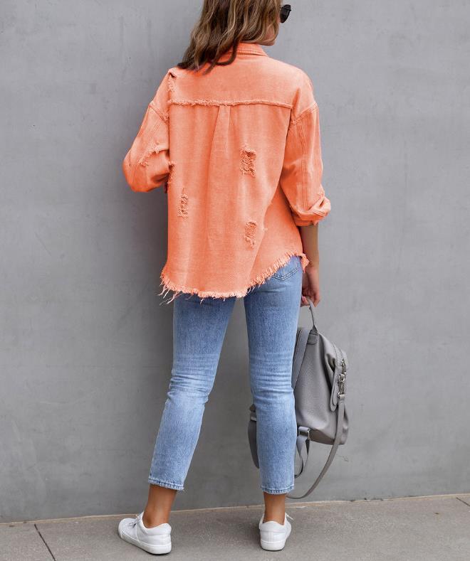 Women’s Oversized Frayed Denim Jacket – Lightweight Button-Down Ripped Distressed Jean Shacket