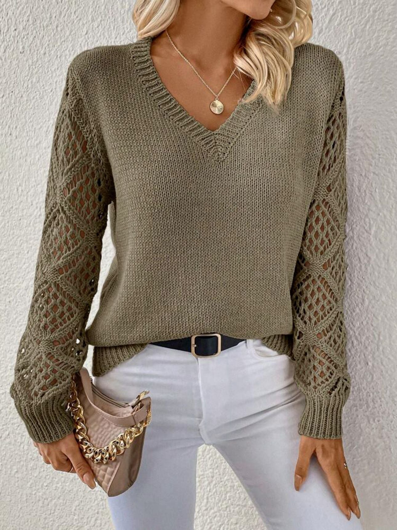 Solid V-neck Hollow Long Sleeve Pullover – Women's Fashion Top