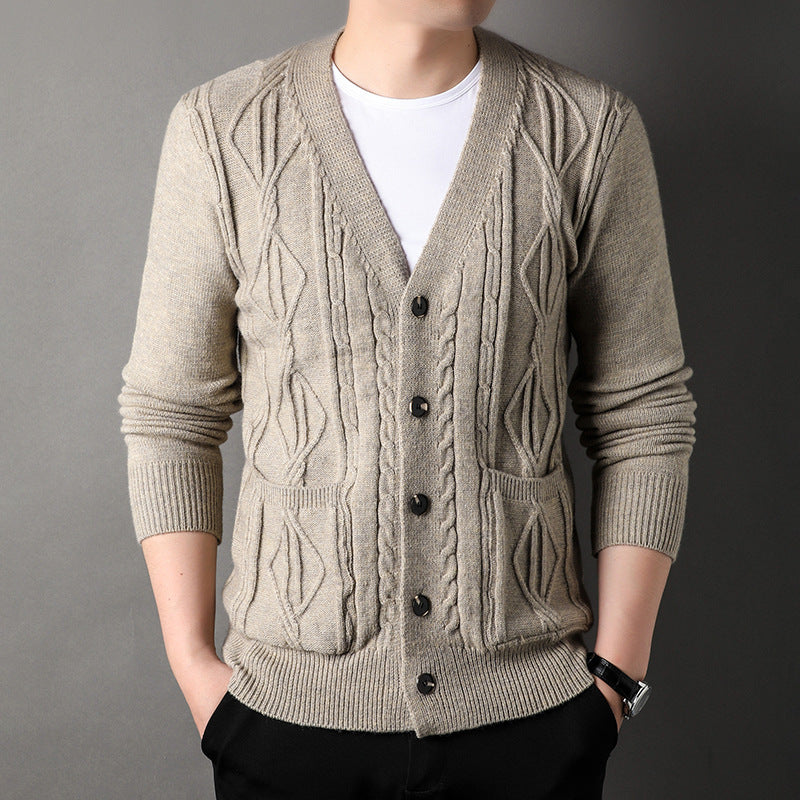 Men’s Knitted Rhombus Cardigan – Loose Casual Sweater Coat for Autumn