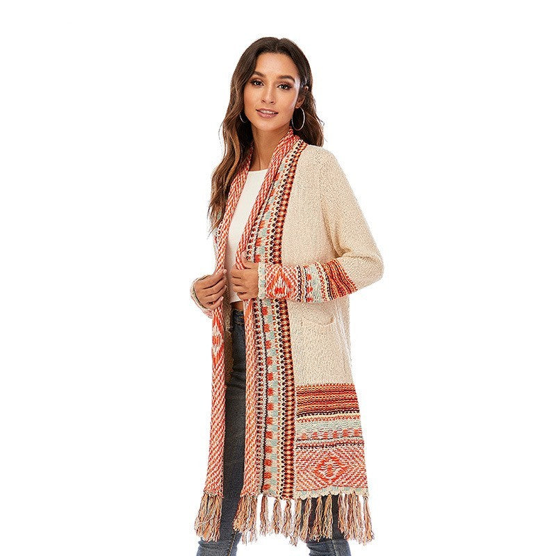 Women’s Retro Tassel Cardigan – Ethnic Style Sweater Coat with Abstract Pattern