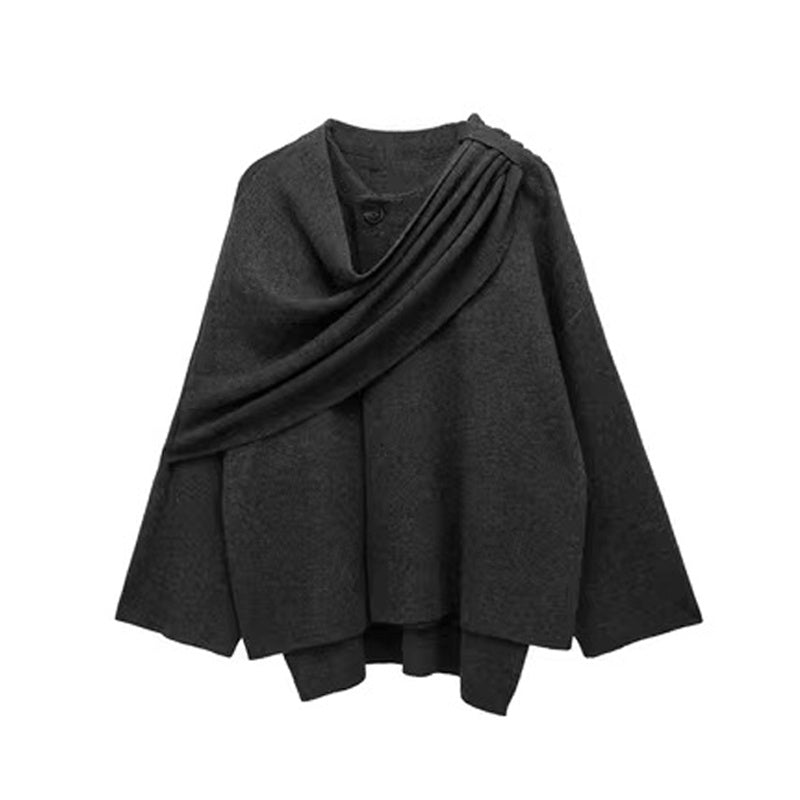 Women’s Solid Knitted Cardigan – Asymmetrical Scarf Design, Short Winter Overcoat