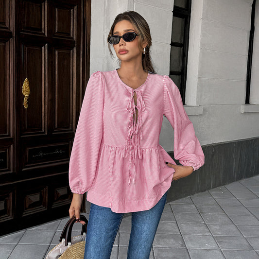 Elegant Striped Long Sleeve Tied T-shirt – Women's Lace-Up Lantern Sleeve Blouse