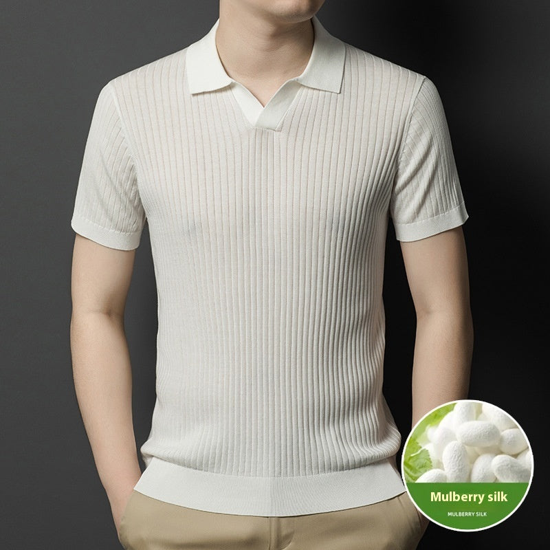 Men’s Mulberry Silk Striped T-Shirt – Short Sleeve Casual Summer Pullover