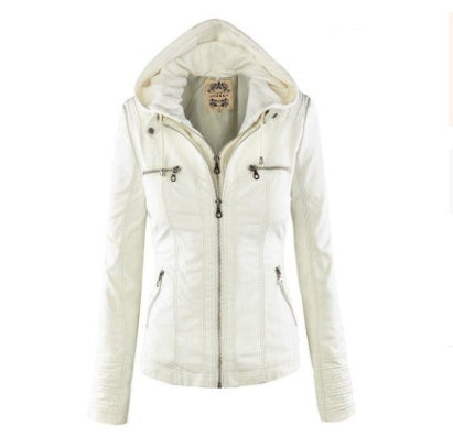 Women’s Detachable Hooded PU Leather Jacket – Casual Solid Color Zipper Coat, Autumn & Winter
