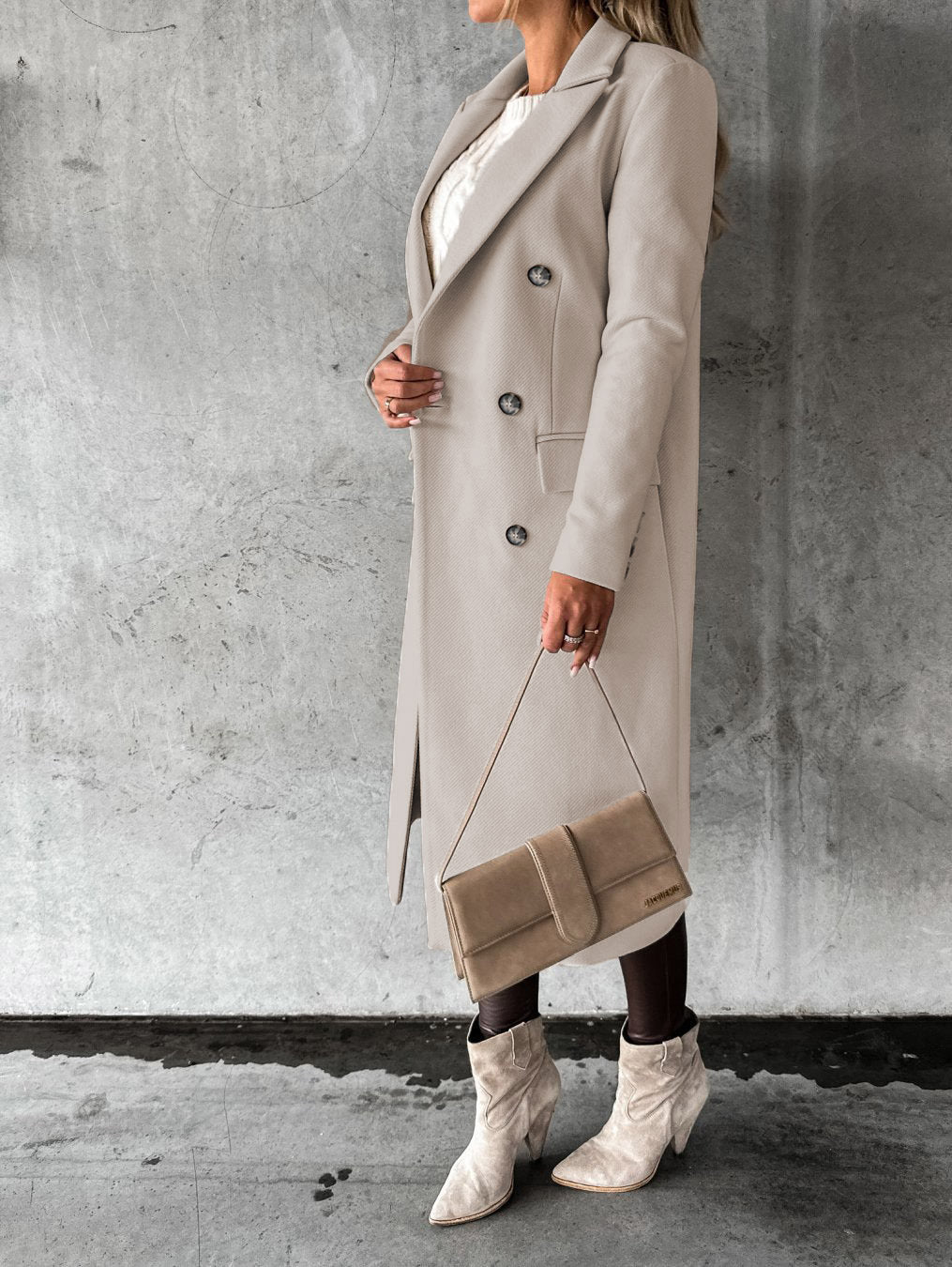 Long Sleeve Lapel Coat – Women’s Solid Double-Breasted Slim Winter Jacket