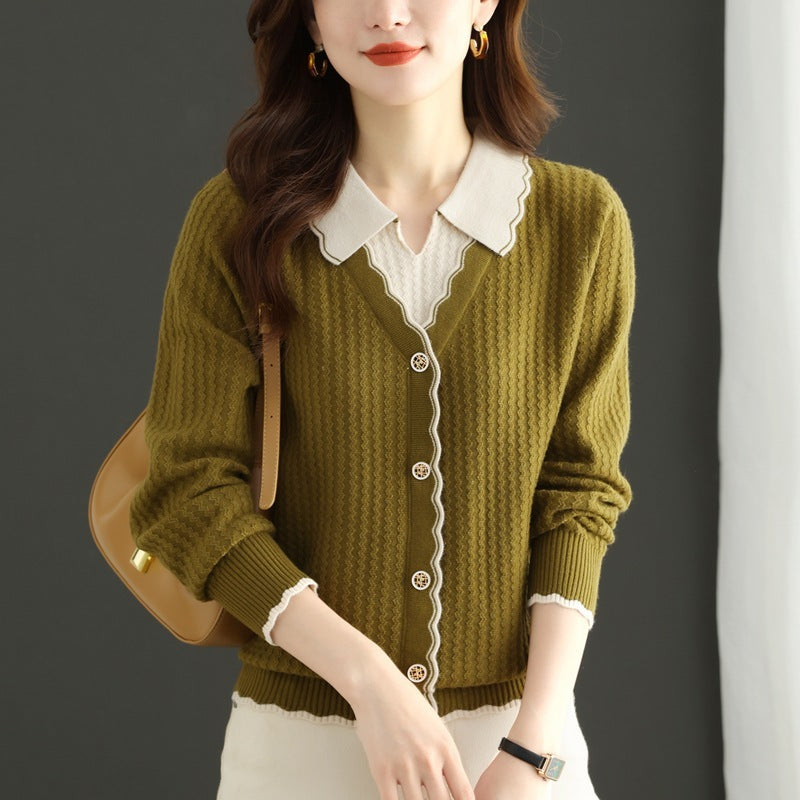 Fake Two-Piece Knitted Sweater Top for Women – Mercerized Cotton Pullover with Button Details for Autumn & Winter