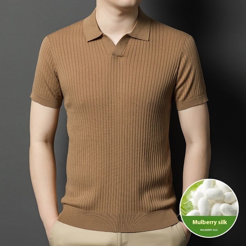 Men’s Mulberry Silk Striped T-Shirt – Short Sleeve Casual Summer Pullover