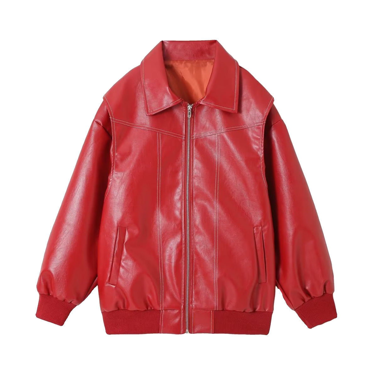 Women’s Loose Lapel Zip-Up Jacket – Moto Biker Leather Style, Long Sleeve, Zipper Closure