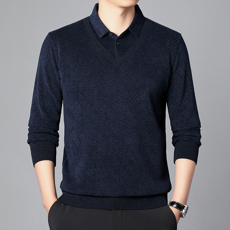 Men’s Fleece-Lined Fake Two-Piece Knitted Pullover – Winter Sweater for Middle-Aged & Elderly
