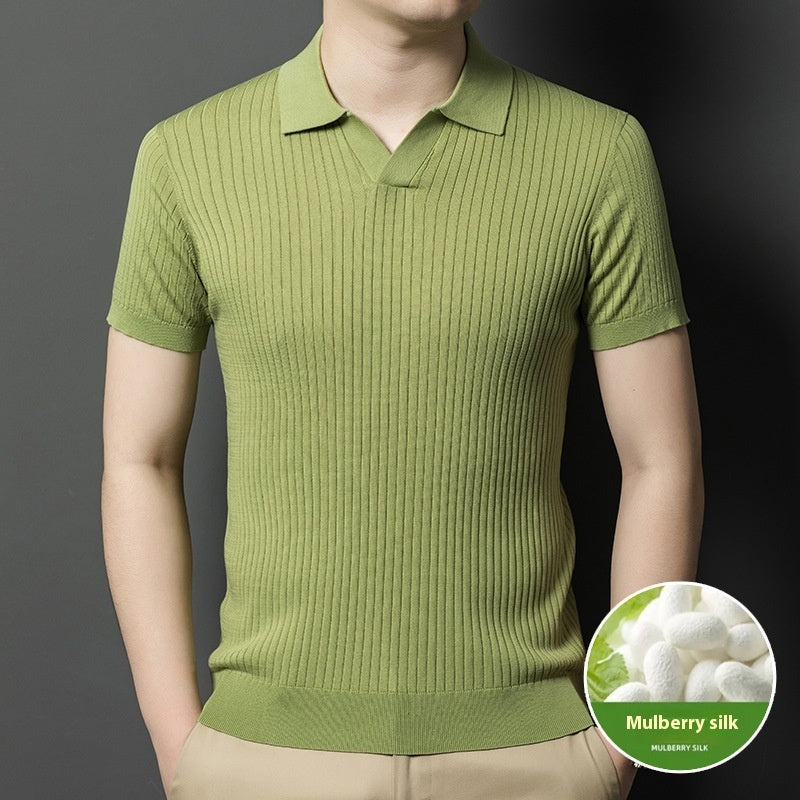Men’s Mulberry Silk Striped T-Shirt – Short Sleeve Casual Summer Pullover