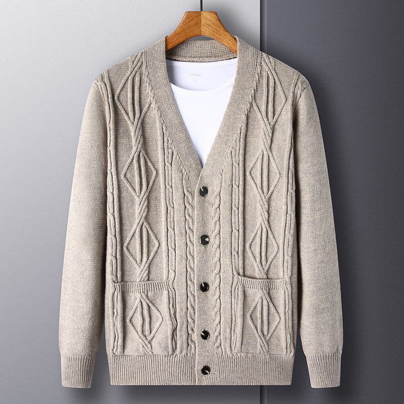 Men’s Knitted Rhombus Cardigan – Loose Casual Sweater Coat for Autumn