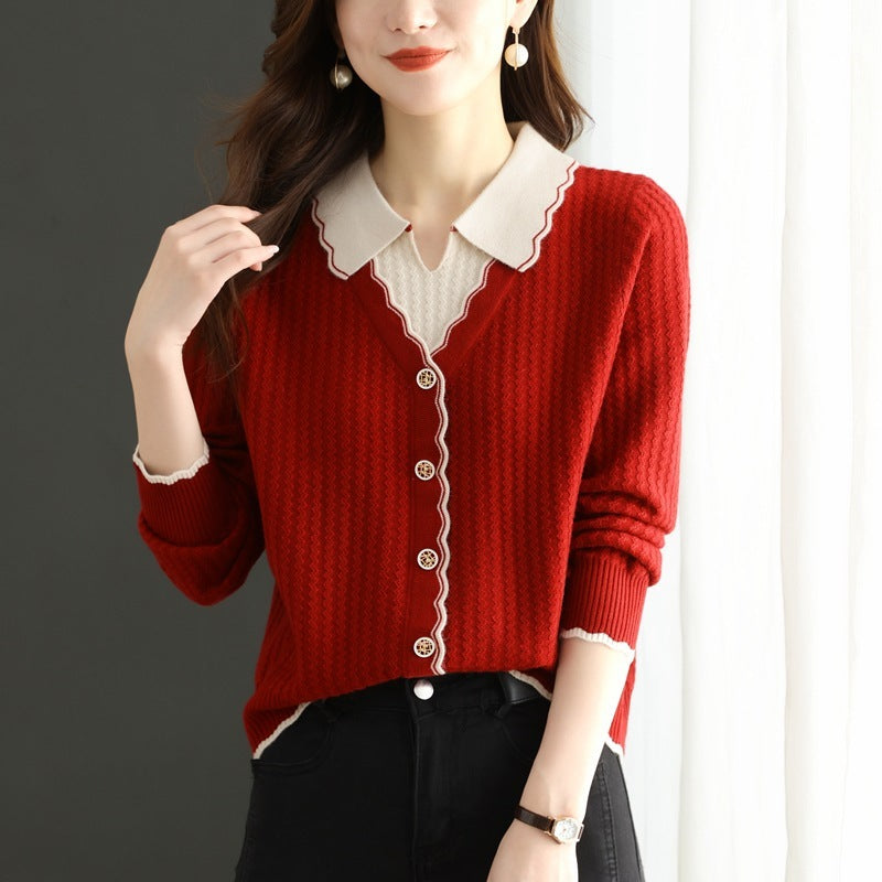 Fake Two-Piece Knitted Sweater Top for Women – Mercerized Cotton Pullover with Button Details for Autumn & Winter