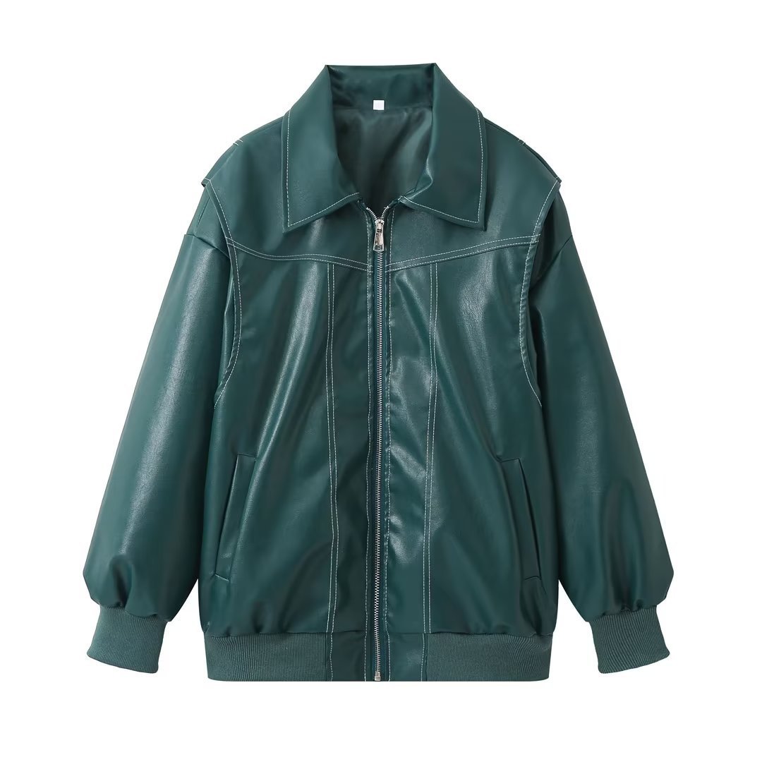 Women’s Loose Lapel Zip-Up Jacket – Moto Biker Leather Style, Long Sleeve, Zipper Closure