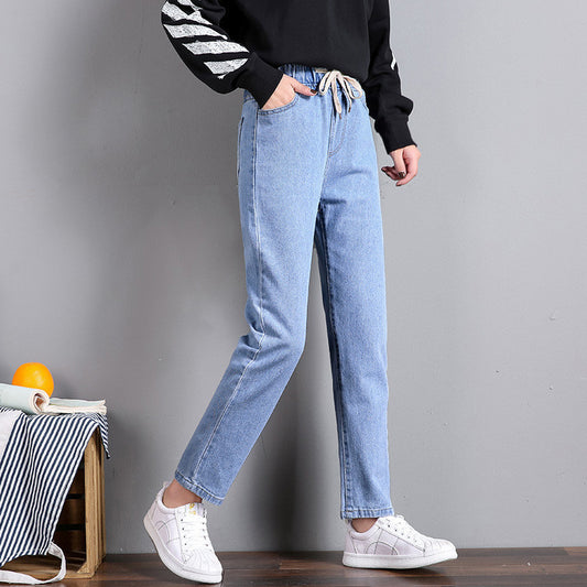 Women’s Korean Style High-Waist Jeans – Casual Straight Cropped Denim Pants