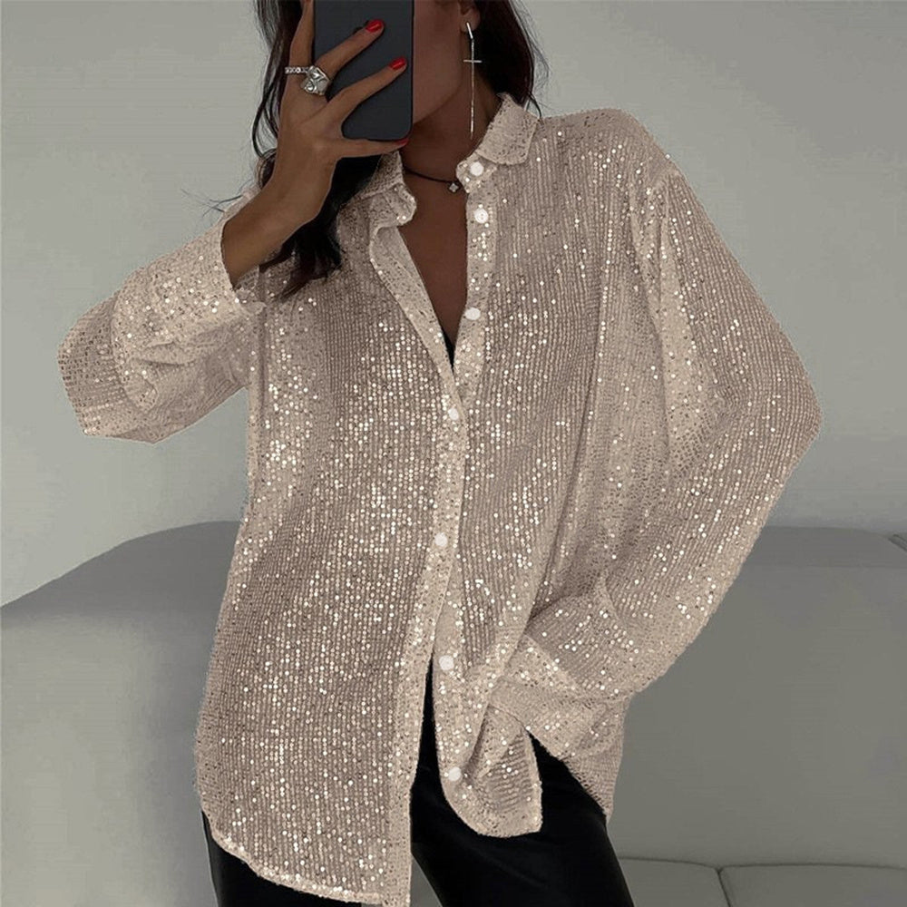 Sequin Long Sleeve Button-Up Blouse – Women's Elegant Party & Casual Shirt