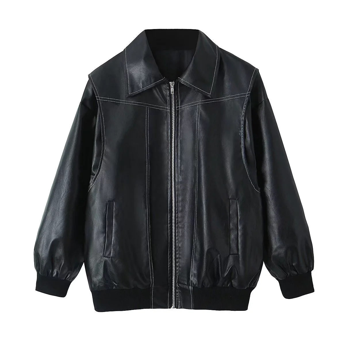 Women’s Loose Lapel Zip-Up Jacket – Moto Biker Leather Style, Long Sleeve, Zipper Closure