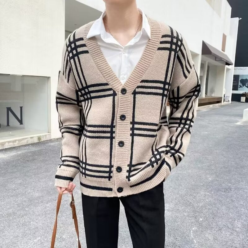 Men’s Retro Striped Knitted Cardigan – Loose Fit Knitwear for Spring & Autumn
