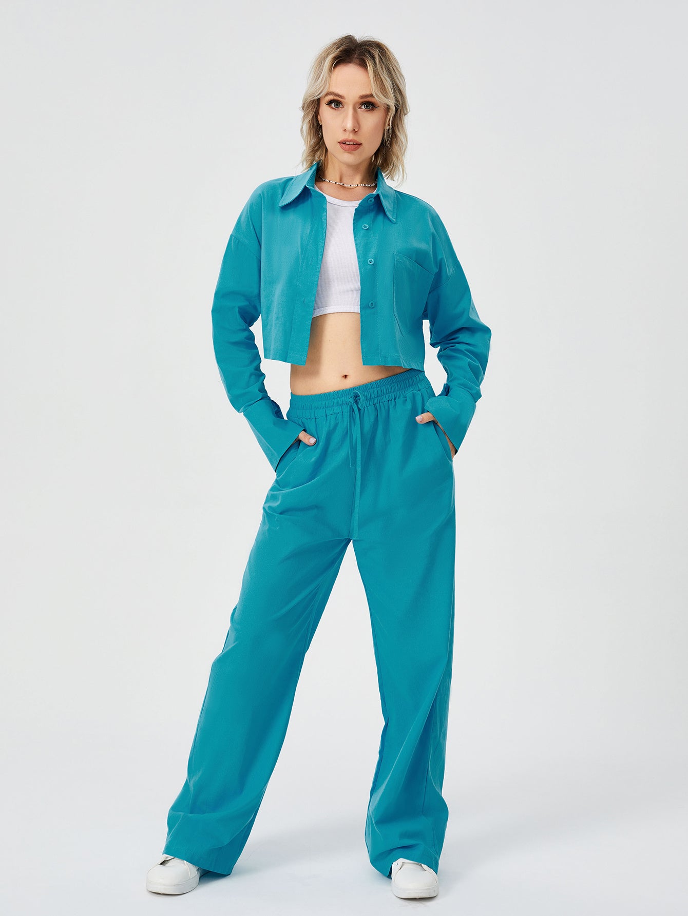 Women’s Two-Piece Loungewear Set – Long Sleeve Button Down Top & Wide Leg Pajama Pants