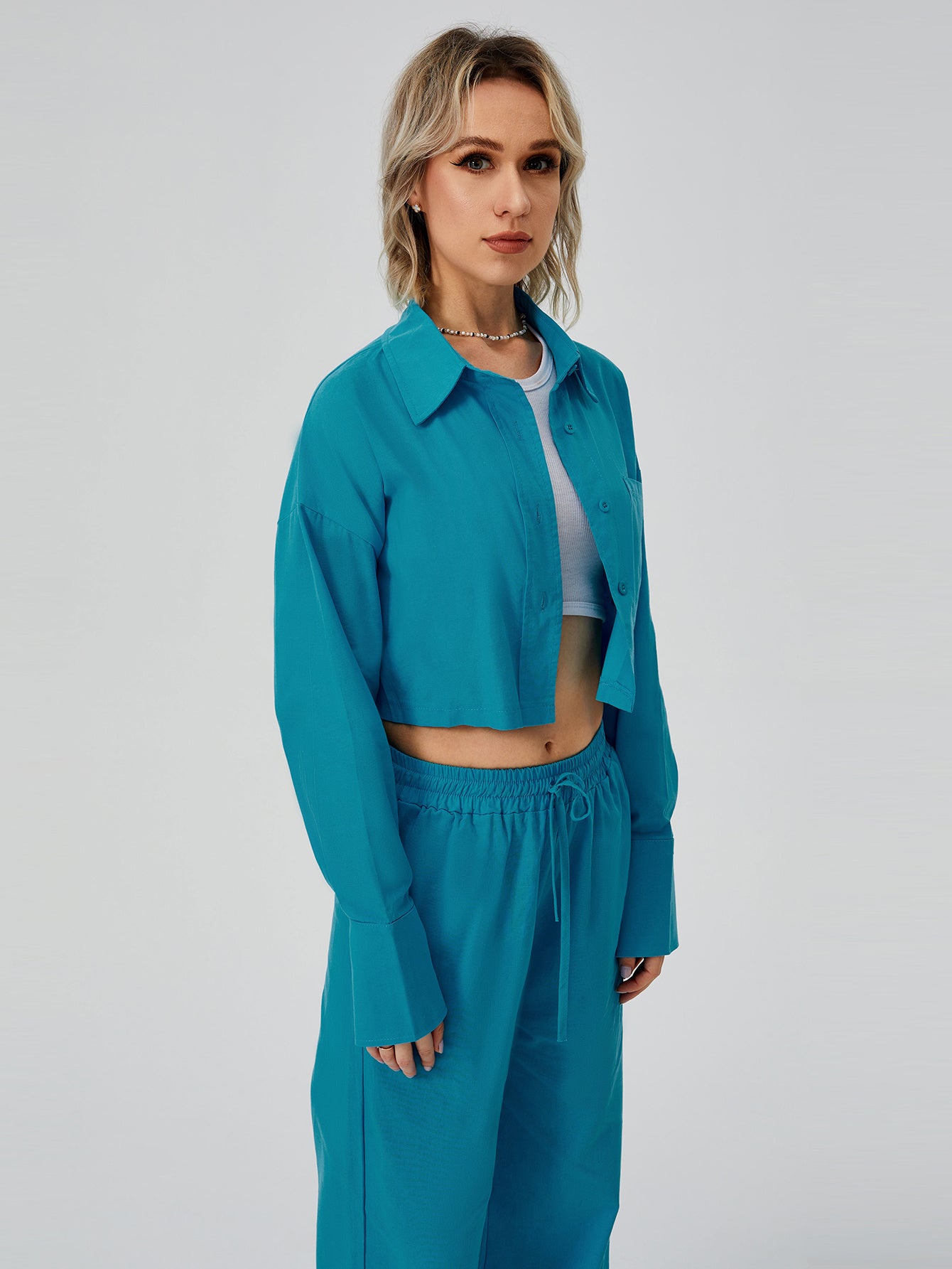 Women’s Two-Piece Loungewear Set – Long Sleeve Button Down Top & Wide Leg Pajama Pants