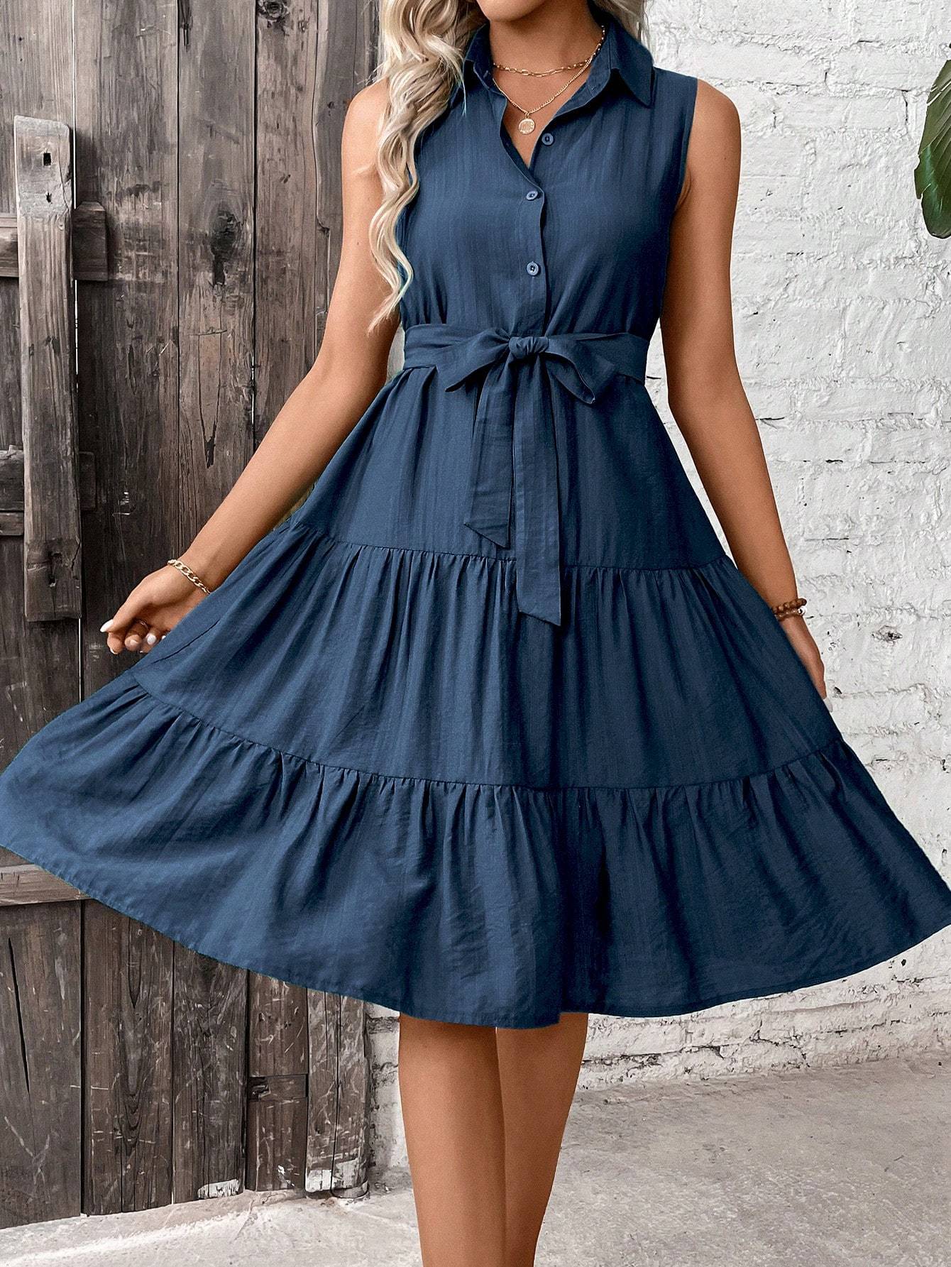 Women’s Ruffle Hem Belted Shirt Dress – Maxi Vacation & Beach Outfit