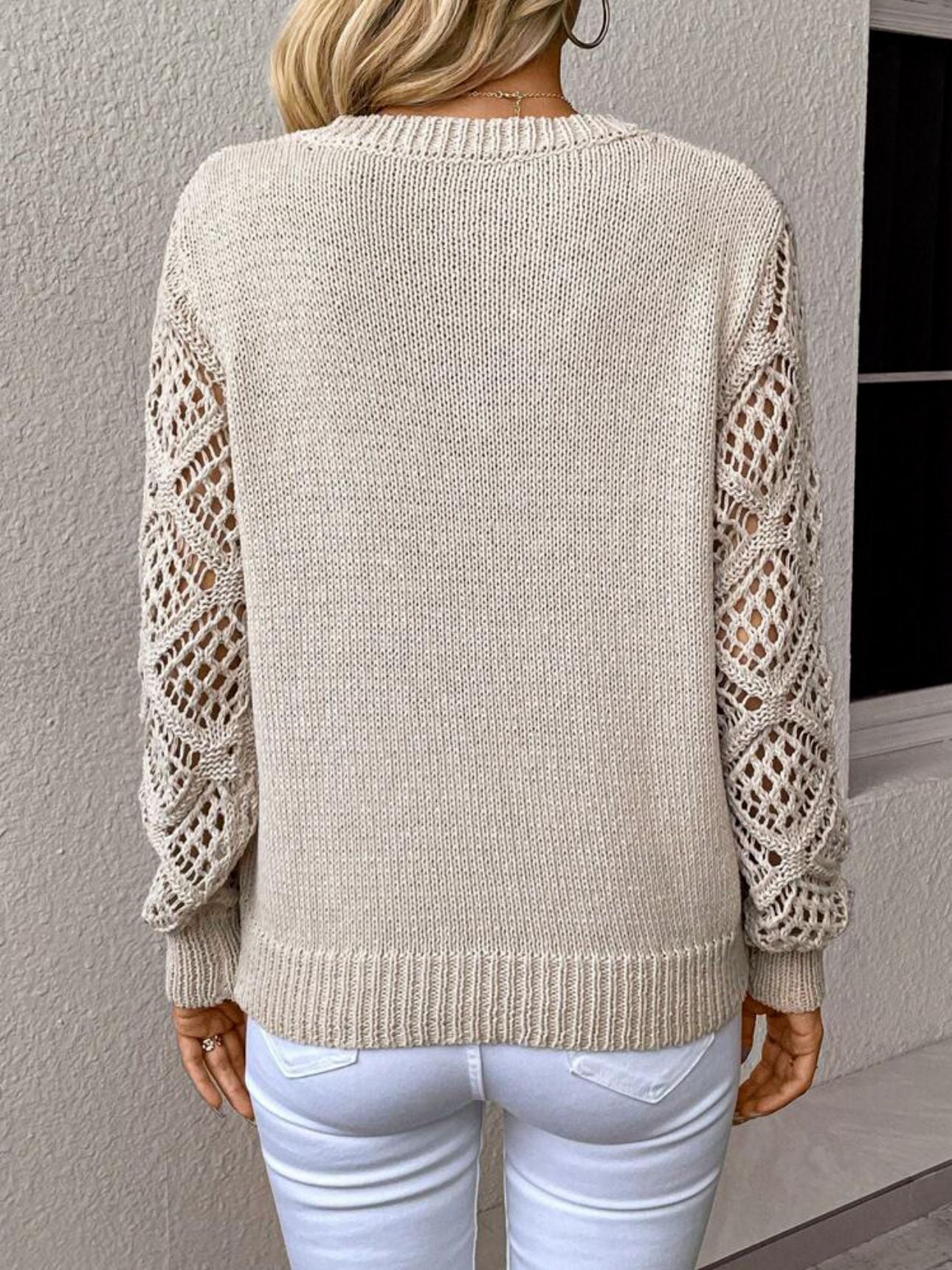Solid V-neck Hollow Long Sleeve Pullover – Women's Fashion Top