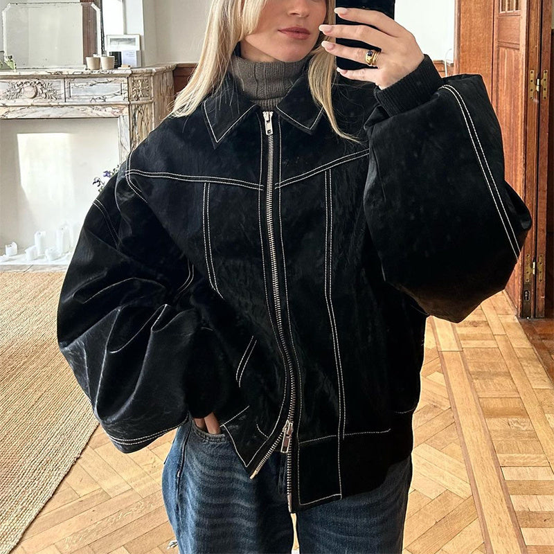 Women’s Loose Lapel Zip-Up Jacket – Moto Biker Leather Style, Long Sleeve, Zipper Closure