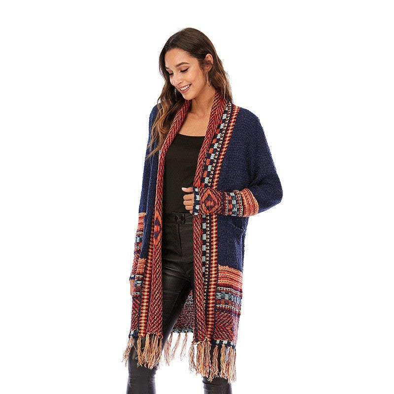 Women’s Retro Tassel Cardigan – Ethnic Style Sweater Coat with Abstract Pattern