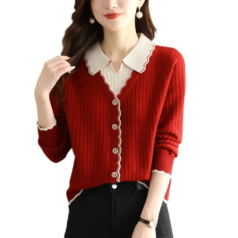 Fake Two-Piece Knitted Sweater Top for Women – Mercerized Cotton Pullover with Button Details for Autumn & Winter