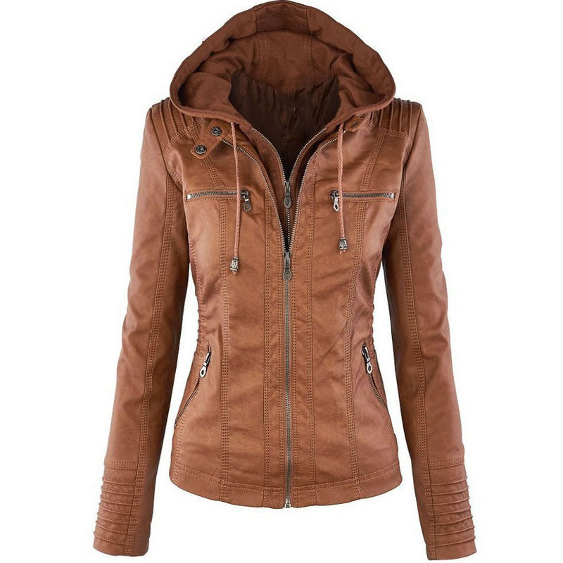 Women’s Detachable Hooded PU Leather Jacket – Casual Solid Color Zipper Coat, Autumn & Winter