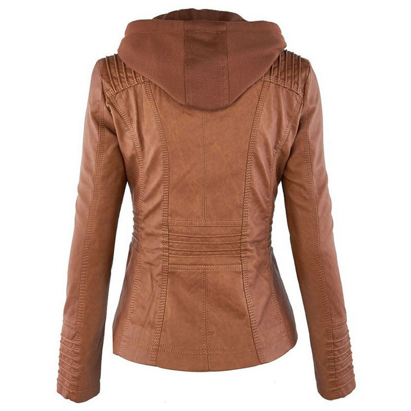 Women’s Detachable Hooded PU Leather Jacket – Casual Solid Color Zipper Coat, Autumn & Winter