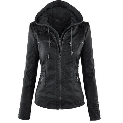 Women’s Detachable Hooded PU Leather Jacket – Casual Solid Color Zipper Coat, Autumn & Winter
