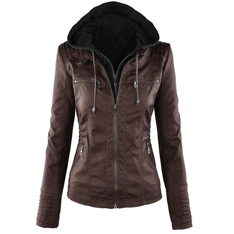 Women’s Detachable Hooded PU Leather Jacket – Casual Solid Color Zipper Coat, Autumn & Winter