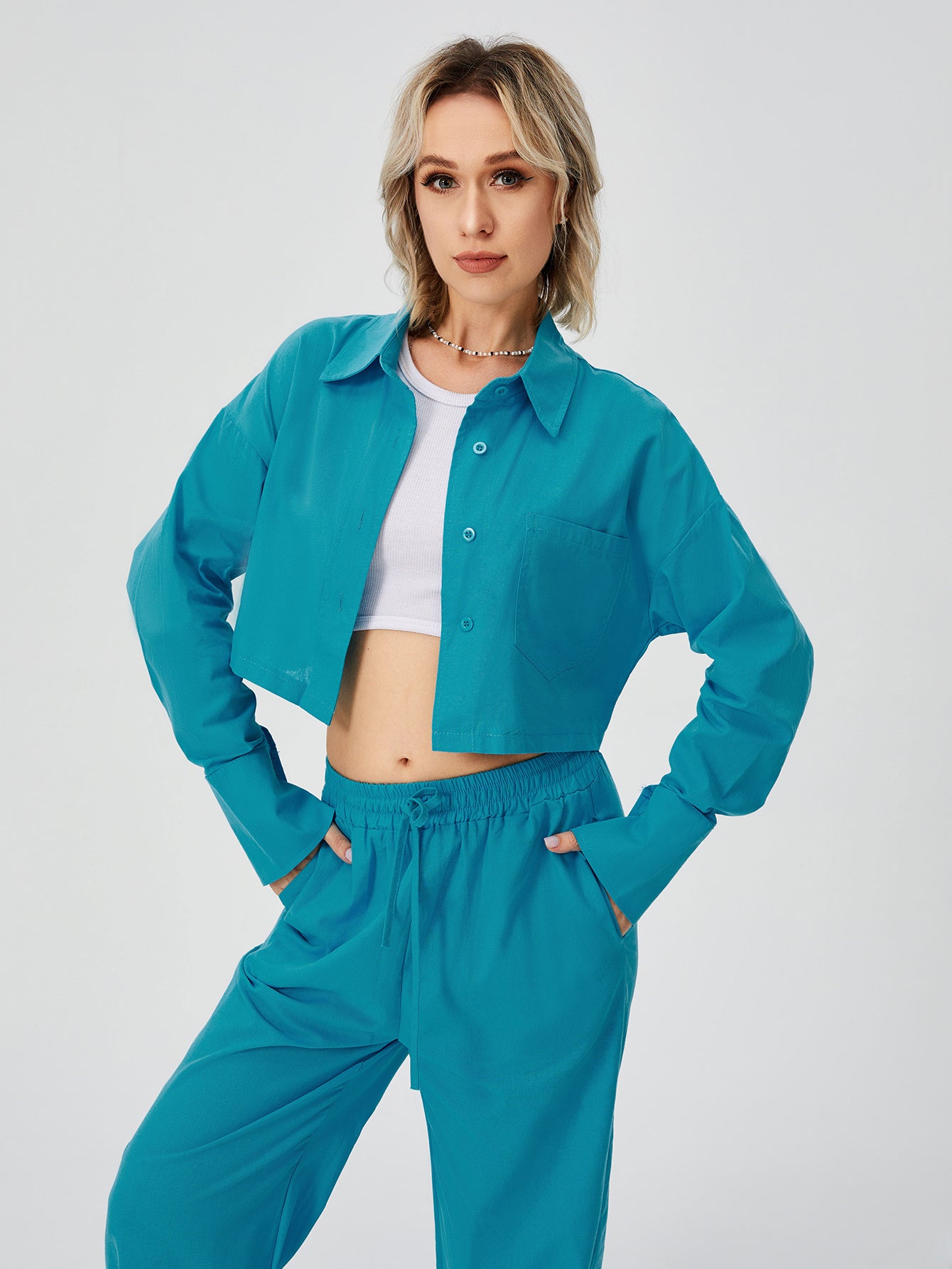 Women’s Two-Piece Loungewear Set – Long Sleeve Button Down Top & Wide Leg Pajama Pants