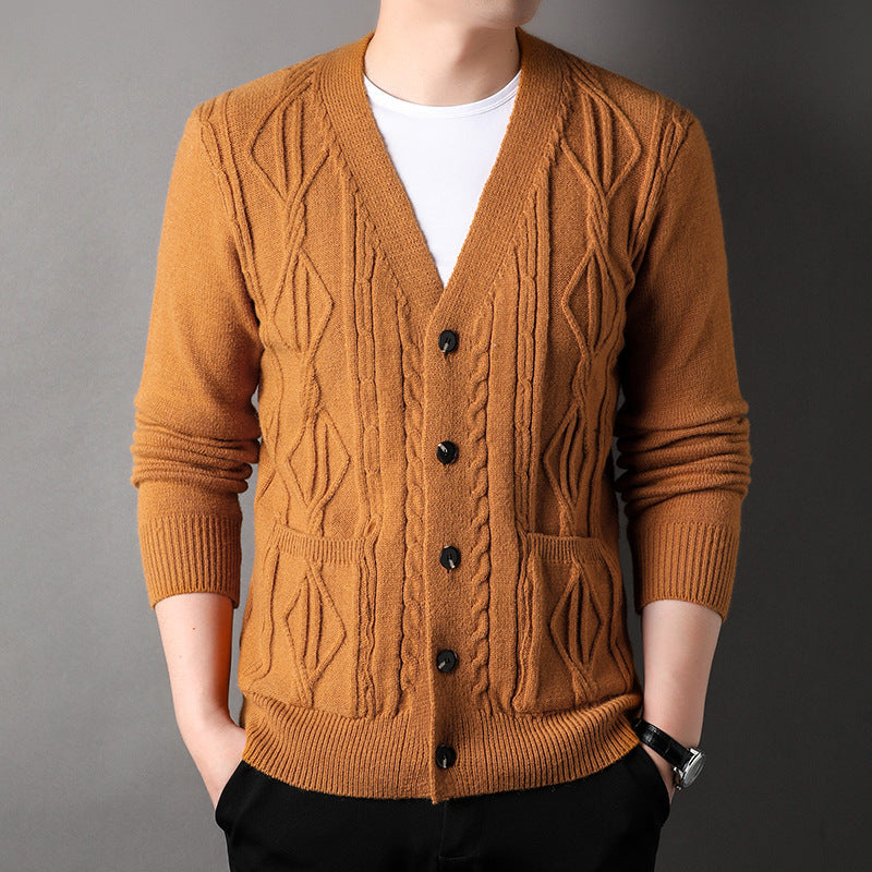 Men’s Knitted Rhombus Cardigan – Loose Casual Sweater Coat for Autumn