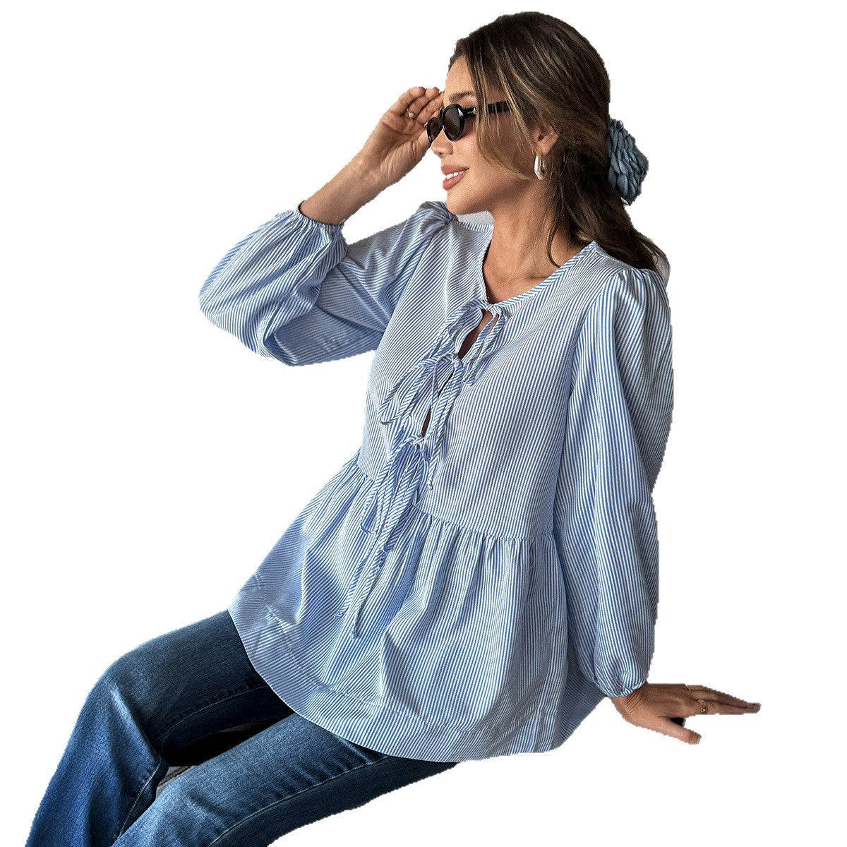 Elegant Striped Long Sleeve Tied T-shirt – Women's Lace-Up Lantern Sleeve Blouse