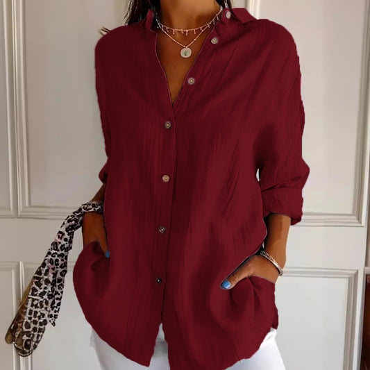 Lapel Long Sleeve Single-Breasted Pleated Shirt – Women's Casual Top