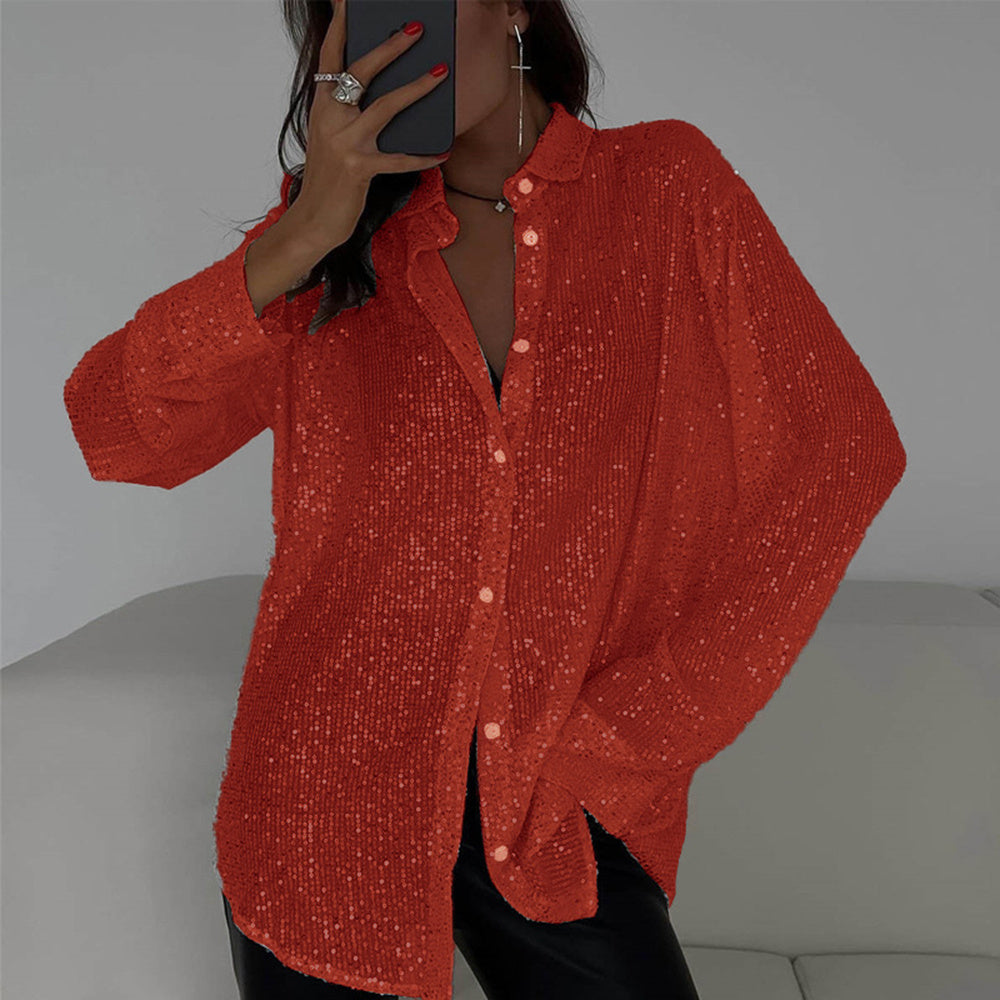 Sequin Long Sleeve Button-Up Blouse – Women's Elegant Party & Casual Shirt