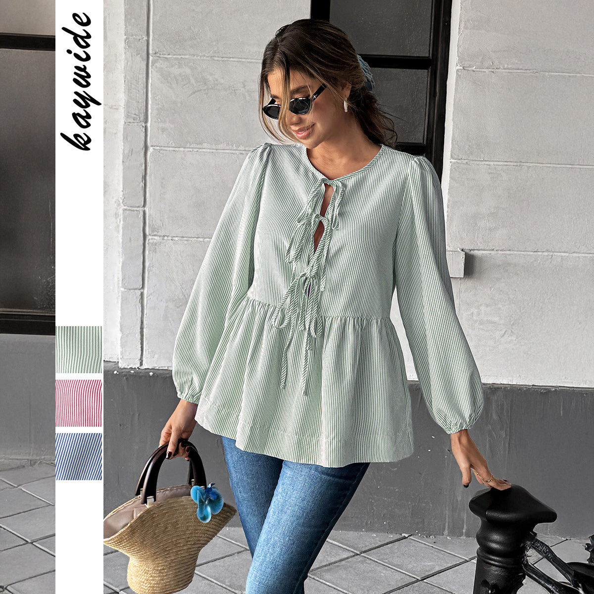 Elegant Striped Long Sleeve Tied T-shirt – Women's Lace-Up Lantern Sleeve Blouse
