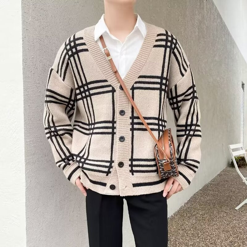 Men’s Retro Striped Knitted Cardigan – Loose Fit Knitwear for Spring & Autumn